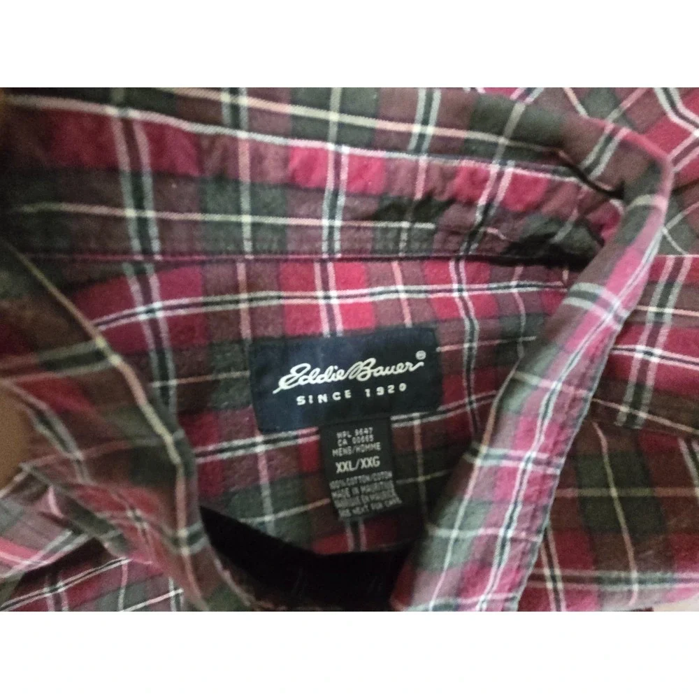 Eddie Bauer Shirt Men's 2XL Green Red Plaid Vintage Button Pockets Flannel XXL - Picture 5 of 5